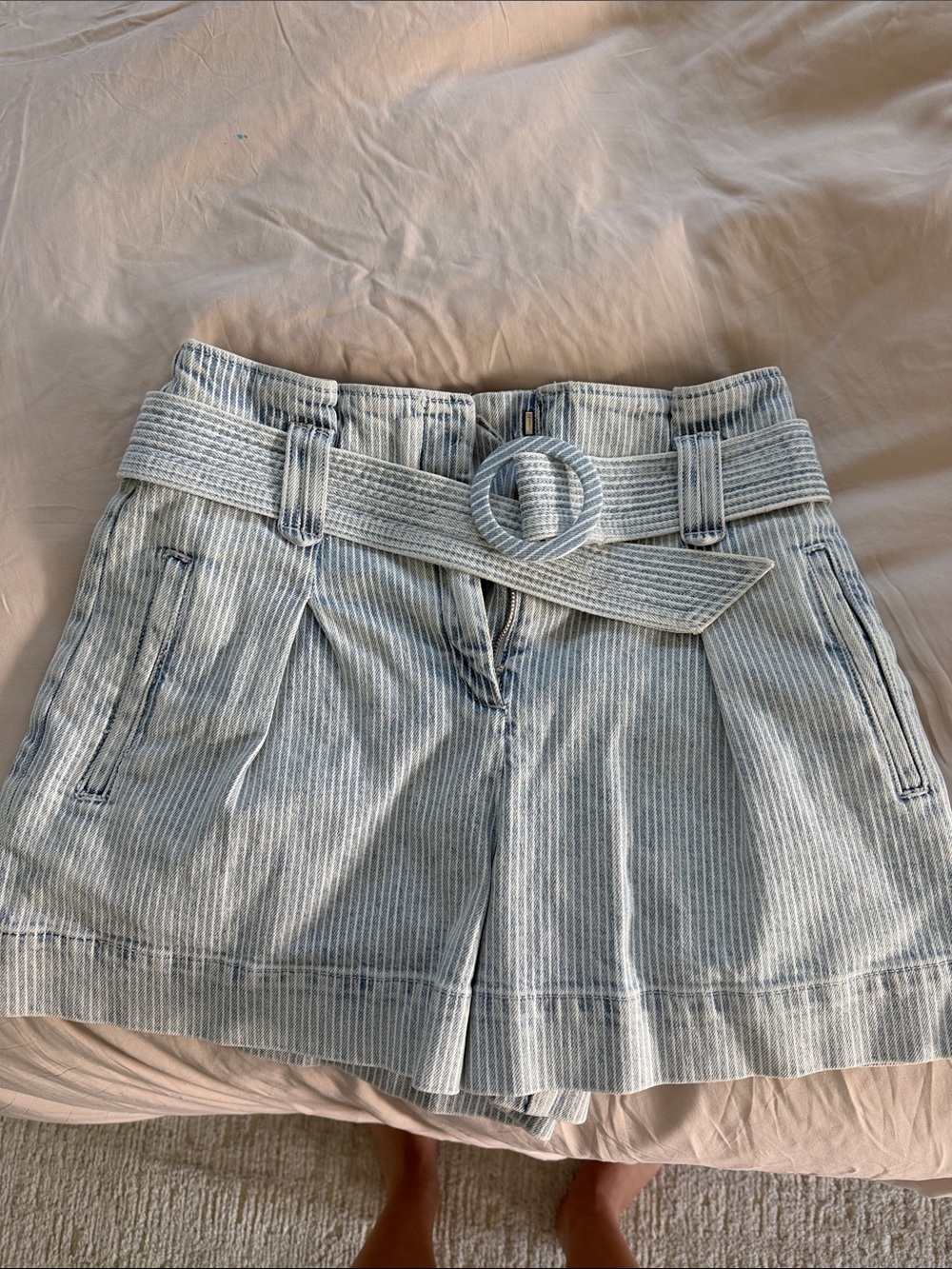 Sezane Light Blue Striped Denim Belted Shorts